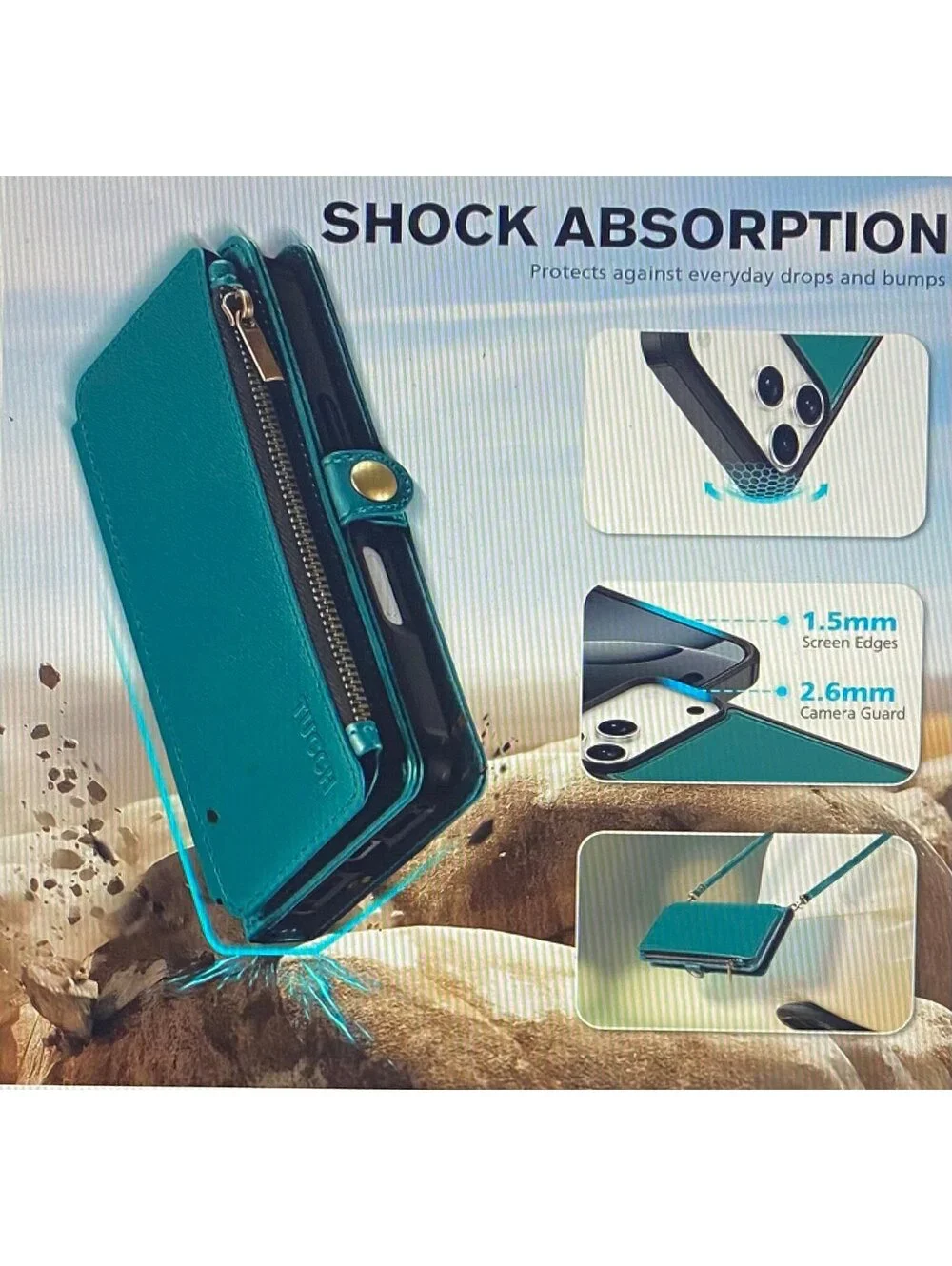TUCCH Detachable Crossbody Wallet Case for iPhone 17 Pro Max Bluish Green